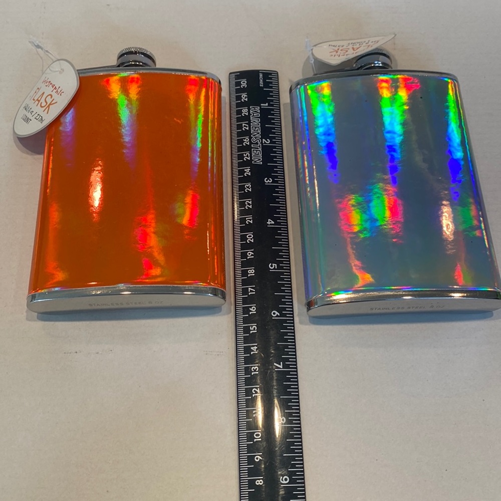 NWT Set of two Stainless Steel Holographic Flasks